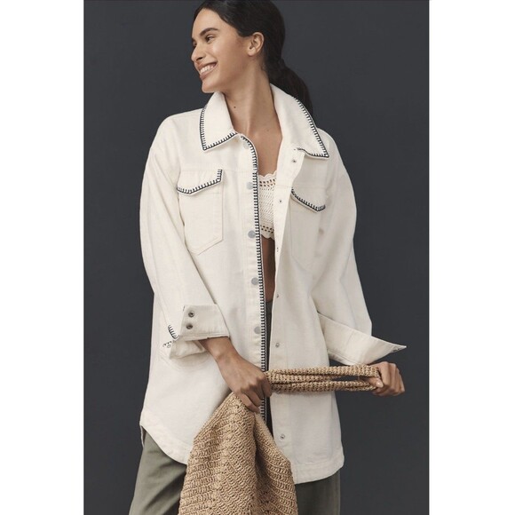 Anthropologie Pilcro Denim Shacket Jacket Ivory Tillie Relax Whipstitch Large NW - Picture 3 of 12